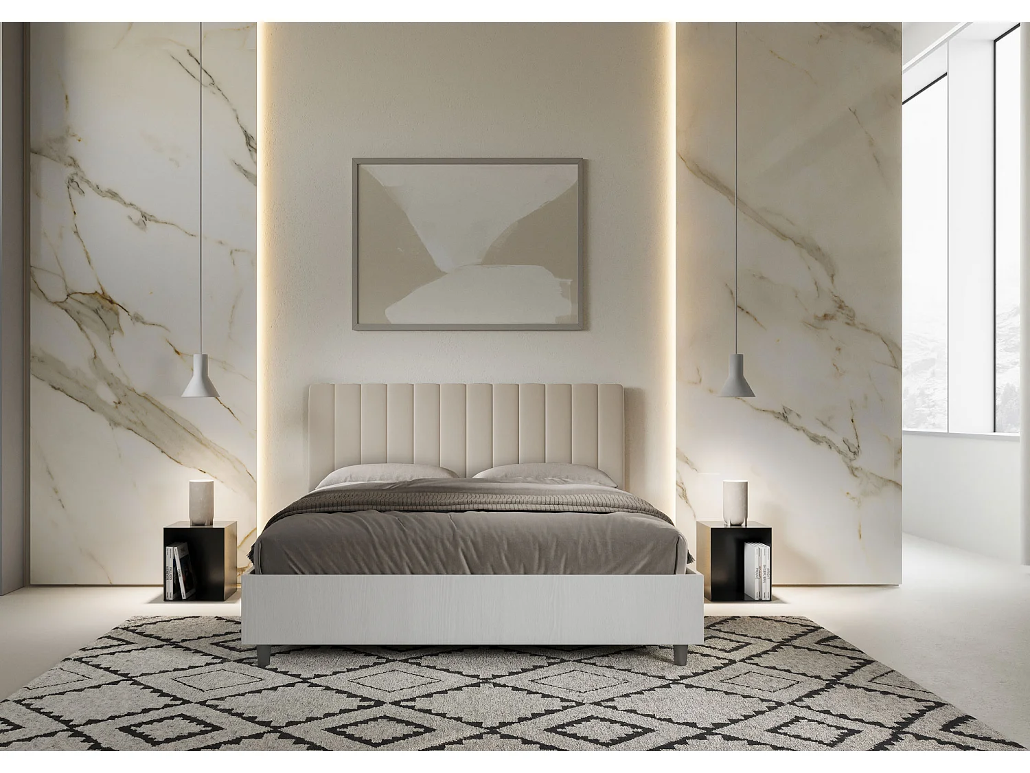 Cama com estrado 160x190, estrutura em freixo branco, cabeceira em melamina/pele sintética cinza pomba Kaia