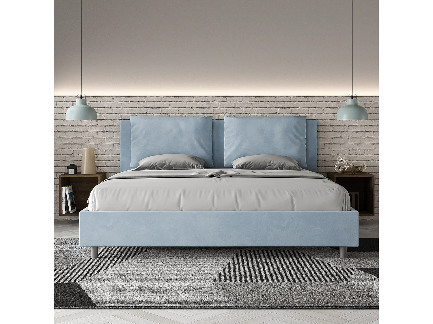 Lit avec sommier rembourré 180x190 microfibre bleu clair Antea