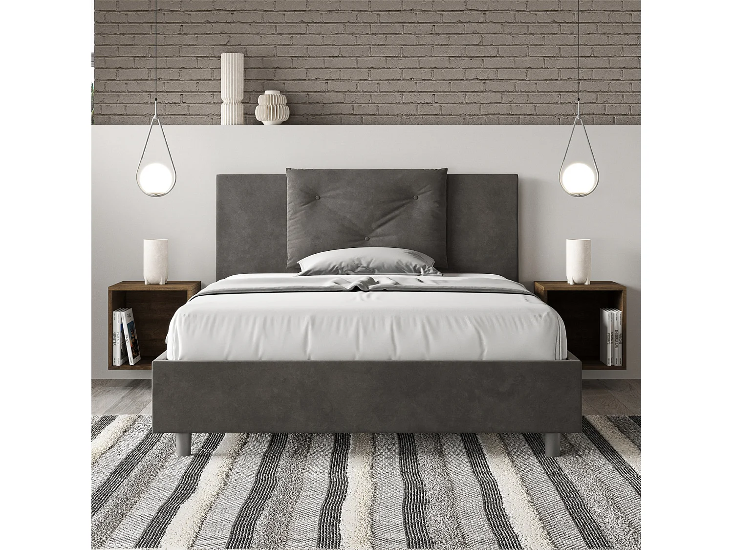 Lit double sans sommier rembourré 140x210 microfibre gris Appia
