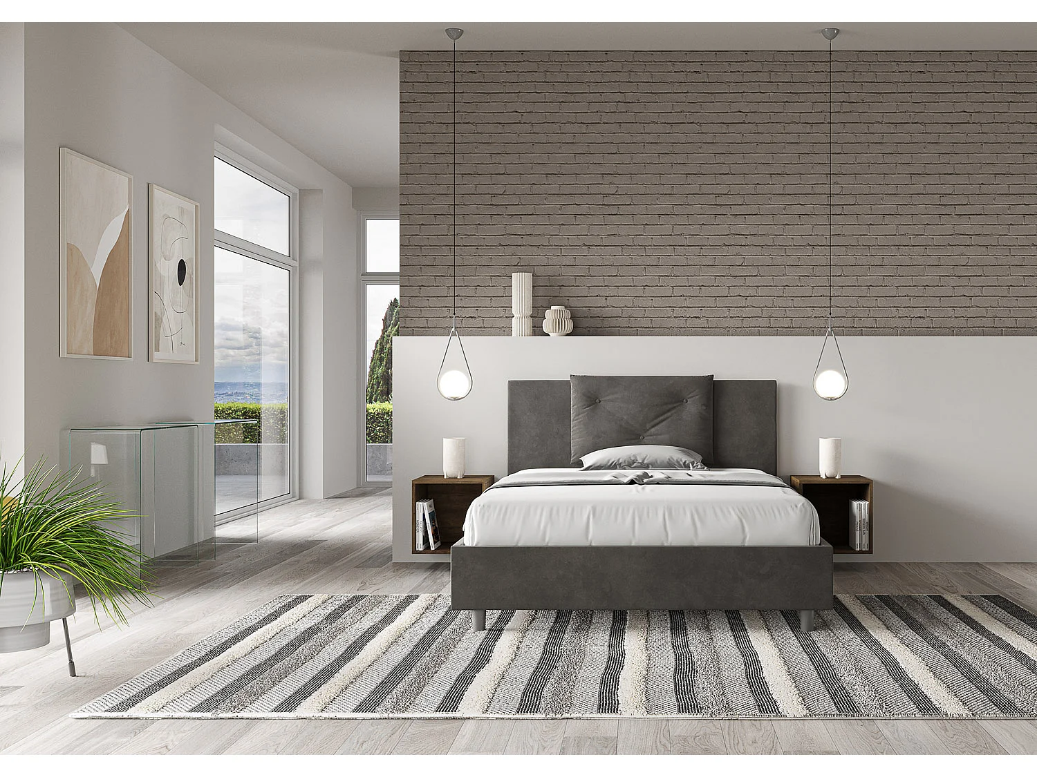 Lit double sans sommier rembourré 140x210 microfibre gris Appia