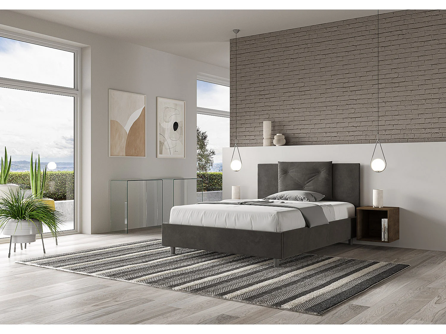 Lit double sans sommier rembourré 140x210 microfibre gris Appia