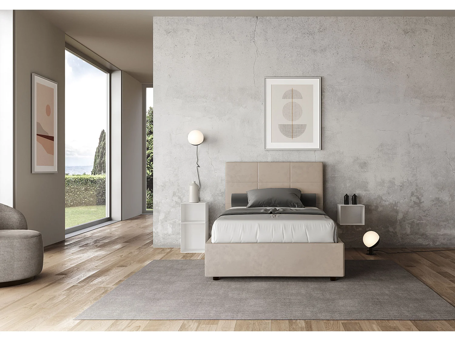 Lit 1 place et demi sans sommier rembourré 120x210 microfibre sable Mika