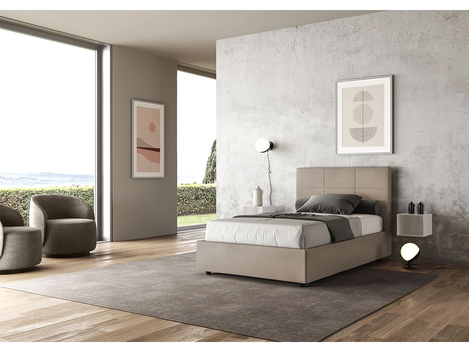 Lit 1 place et demi sans sommier rembourré 120x210 microfibre sable Mika