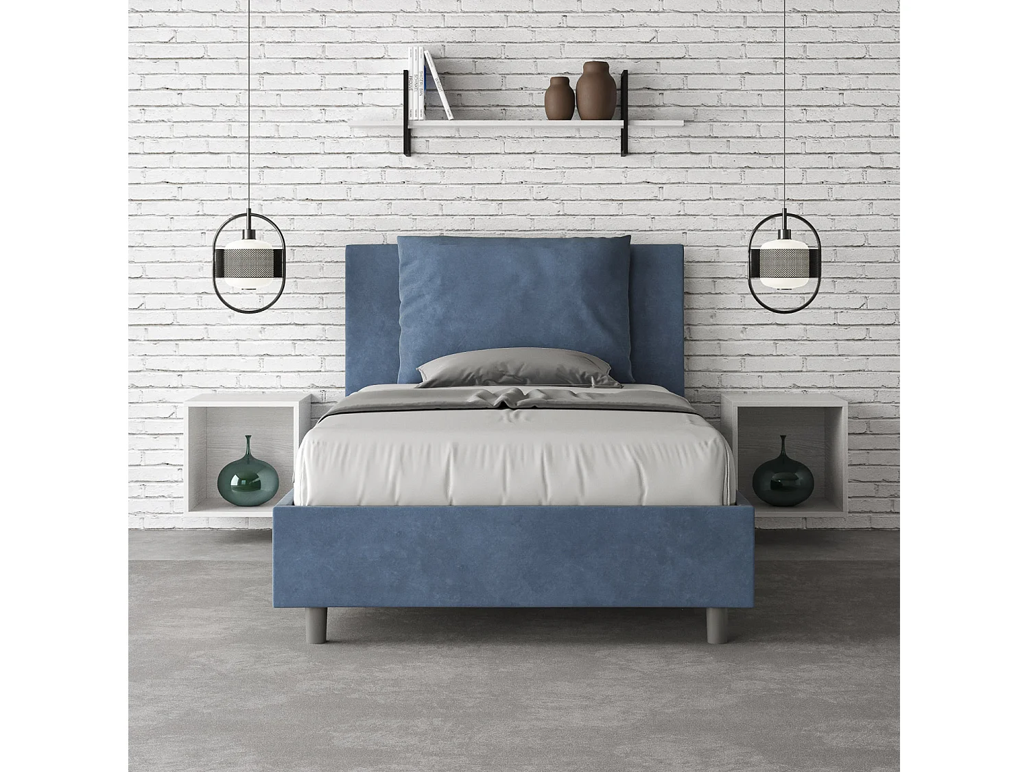 Cama de una plaza y medio con somier acolchada 120x200 microfibra azul Antea