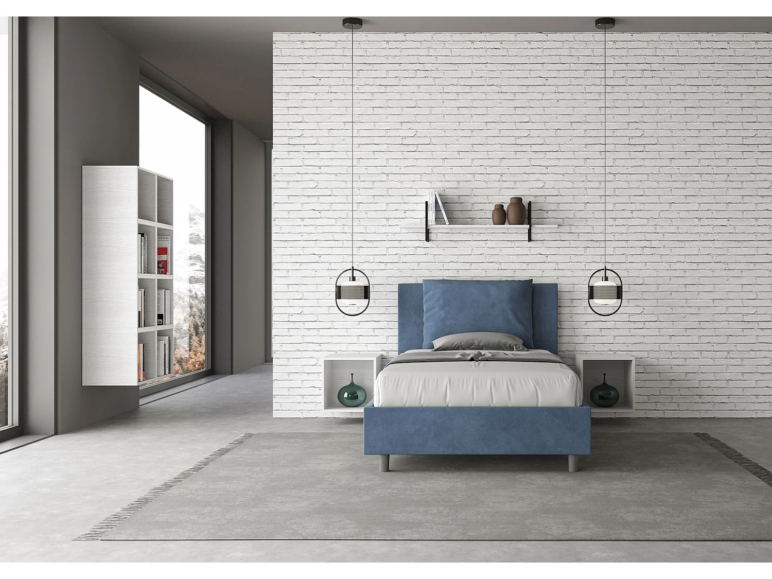 Cama de una plaza y medio con somier acolchada 120x200 microfibra azul Antea