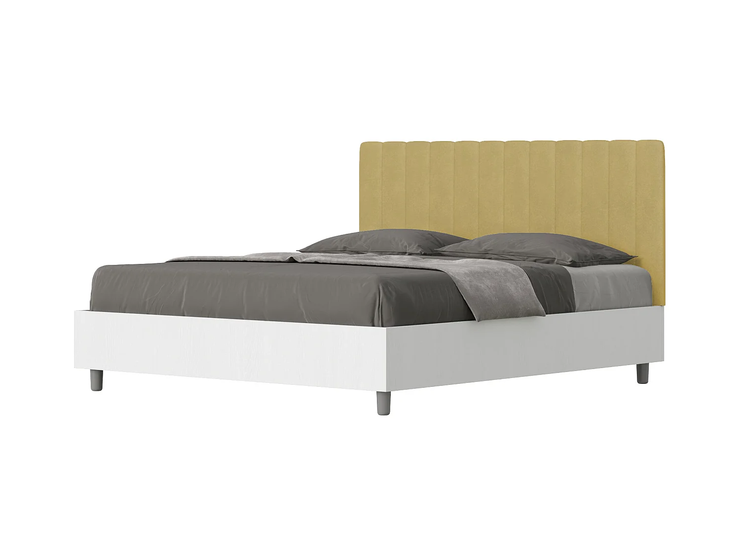 Lit avec sommier 160x200 structure frêne blanc tête de lit microfibre ocre Kaia