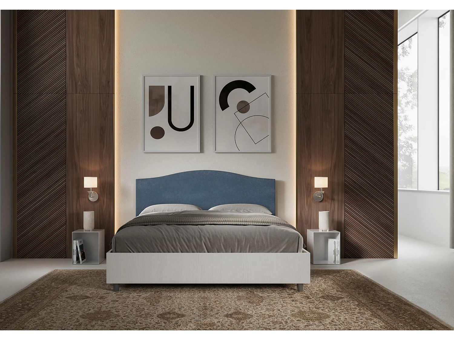 Cama con somier de 160x190, estructura de fresno blanco, cabecero de melamina/microfibra azul Grace