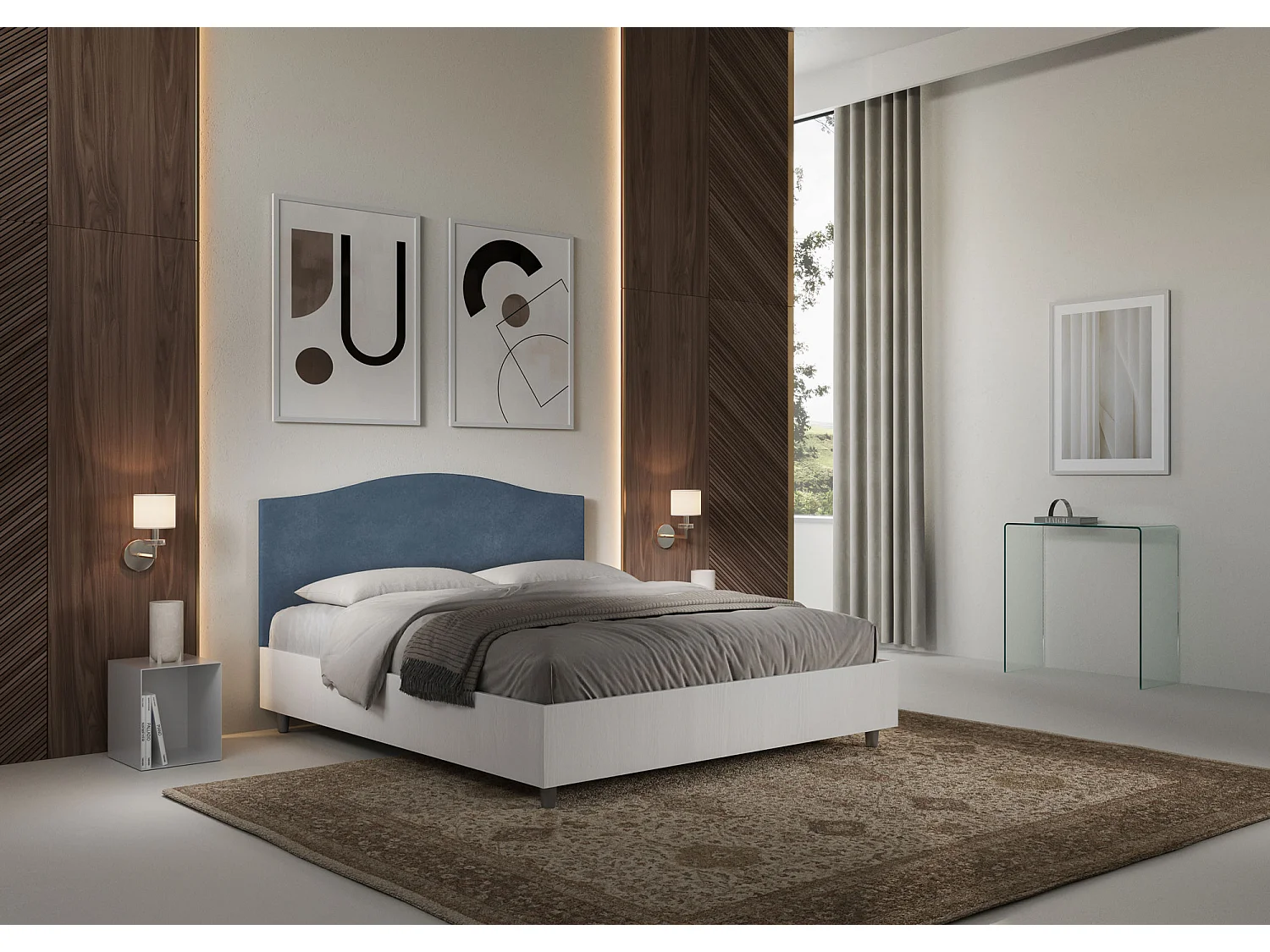 Cama con somier de 160x190, estructura de fresno blanco, cabecero de melamina/microfibra azul Grace