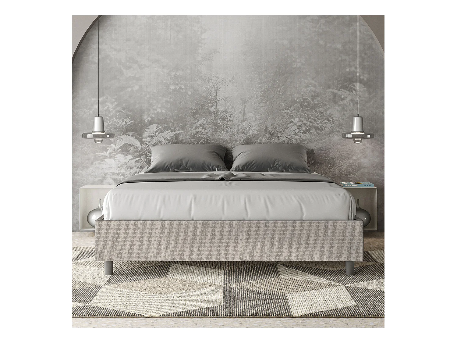 Lit avec sommier rembourré 160x210 tissu Labirinto 01 blanc Azelia