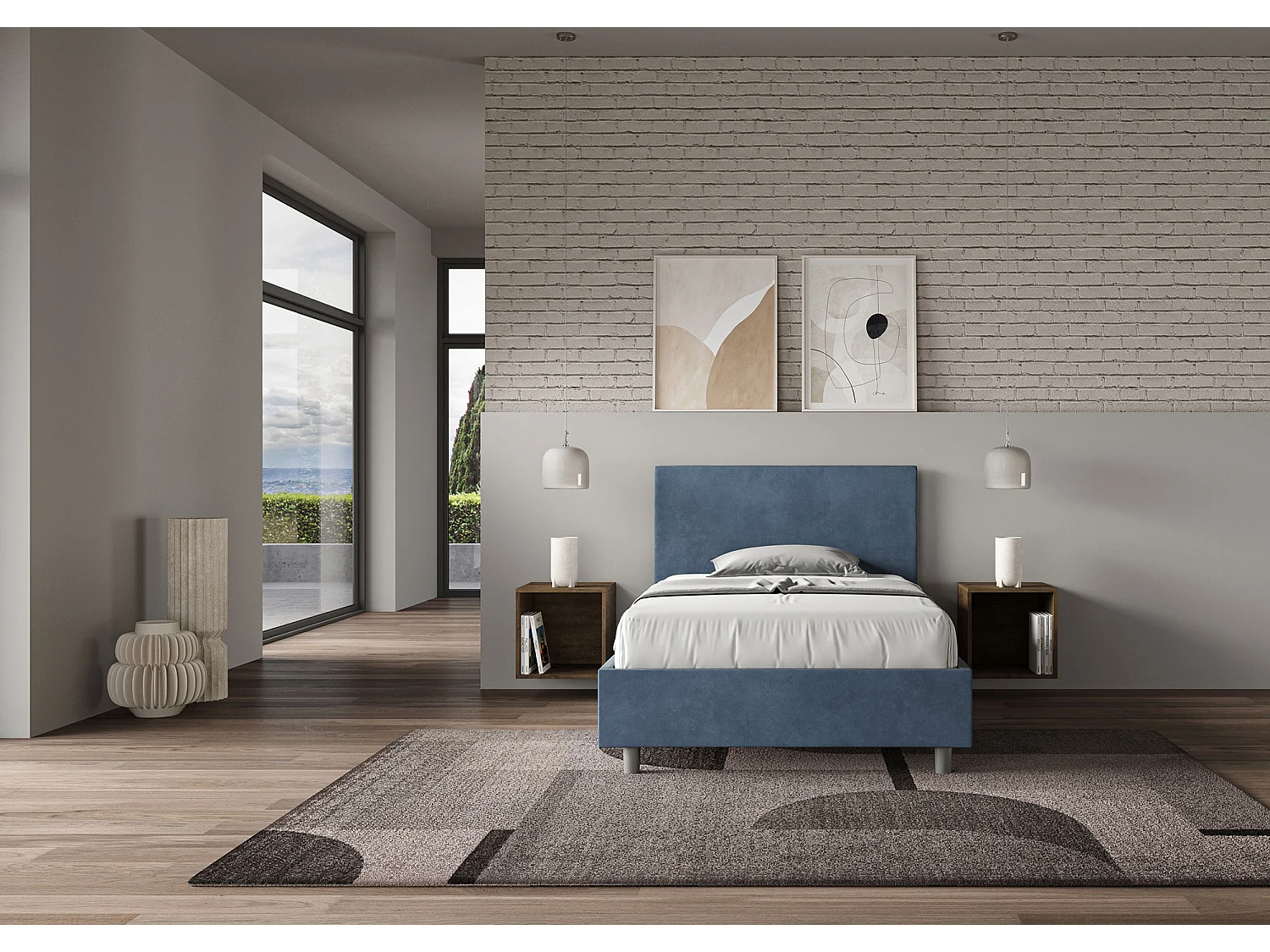 Lit 1 place et demi avec sommier rembourré 120x200 microfibre bleu Adele