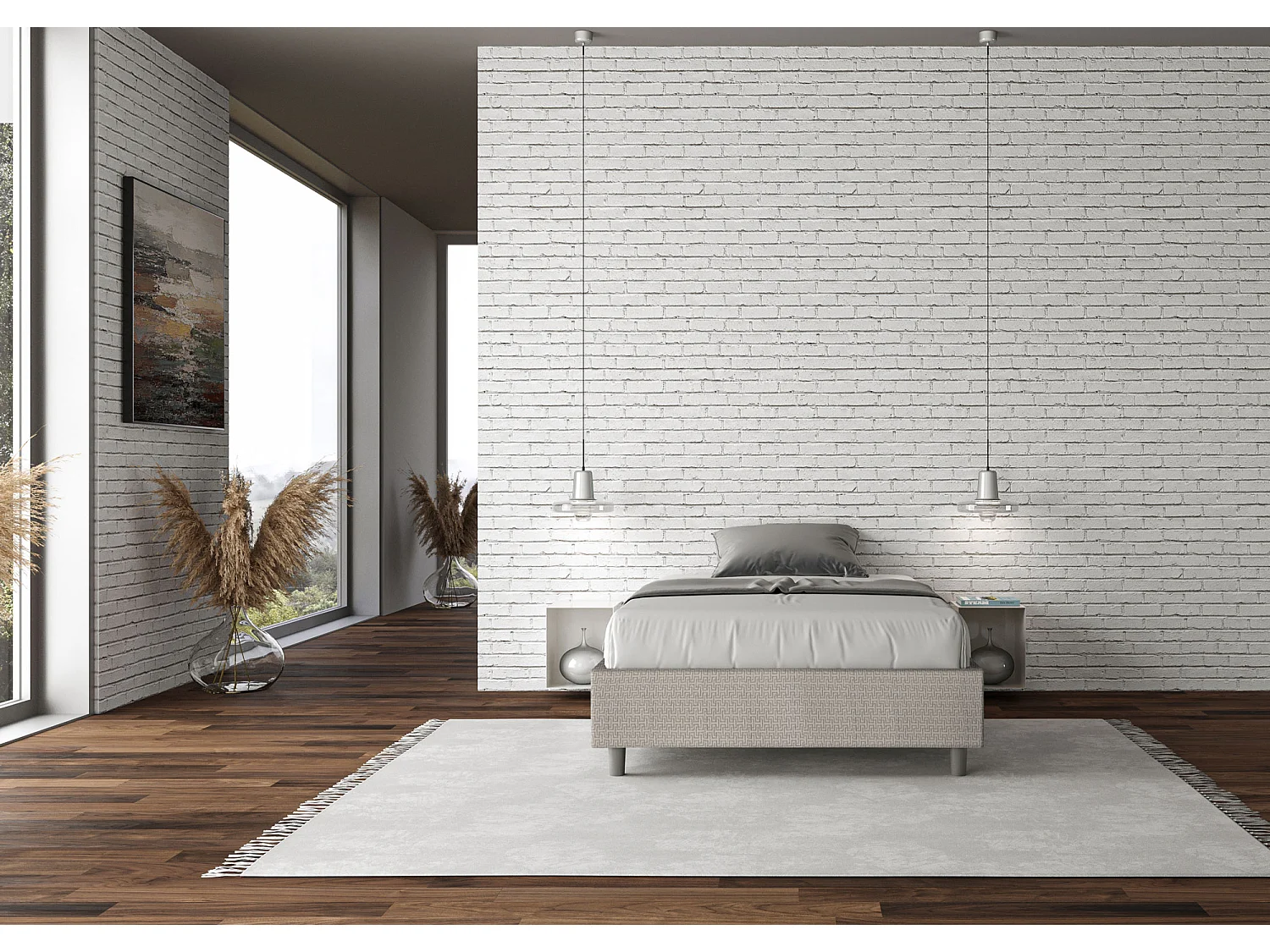 Cama sommier con base acolchada 120x200 tela Labirinto 01 blanco Azelia