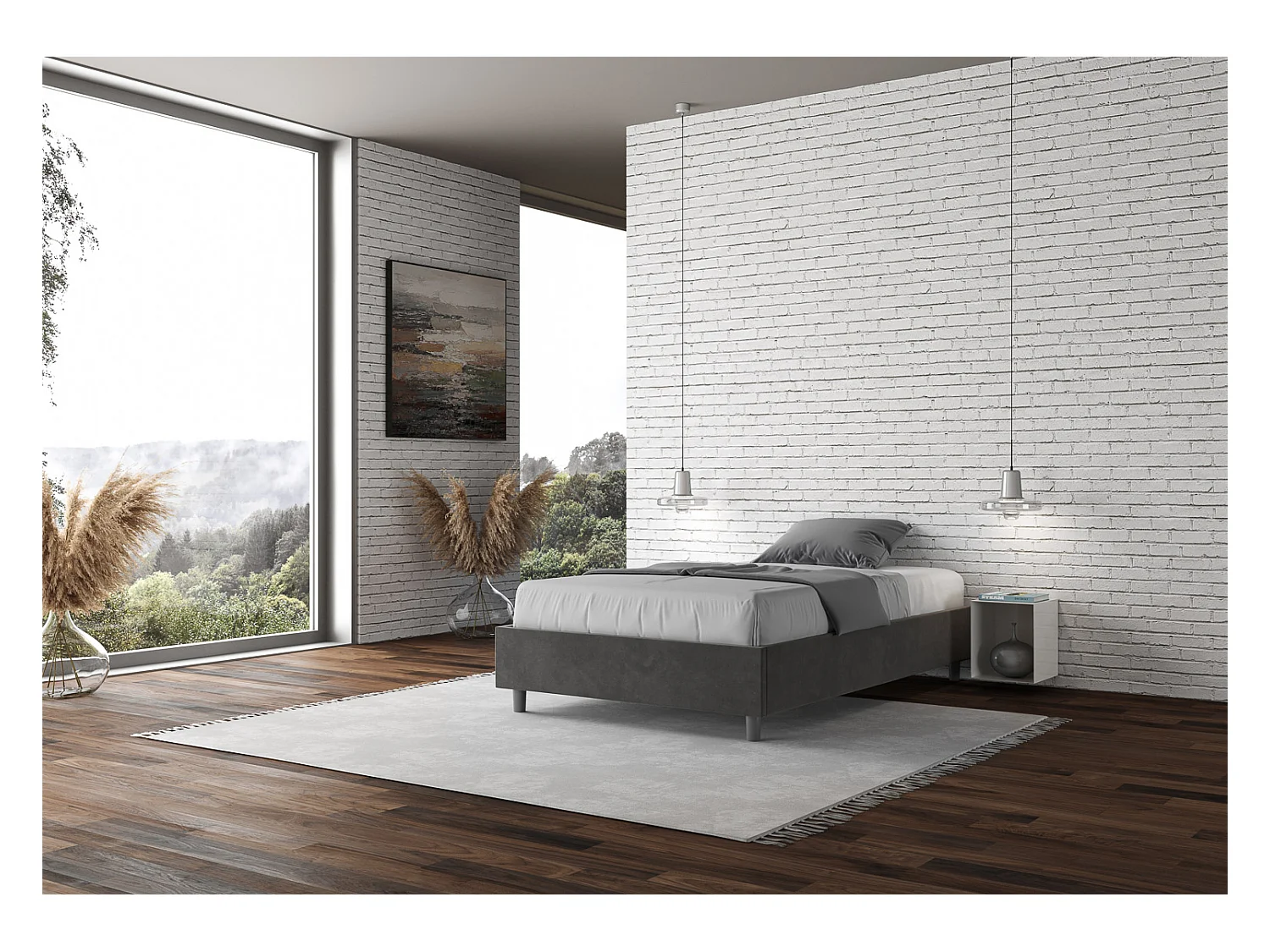Cadre de lit 1 place et demi avec sommier rembourré 120x190 microfibre gris Azelia