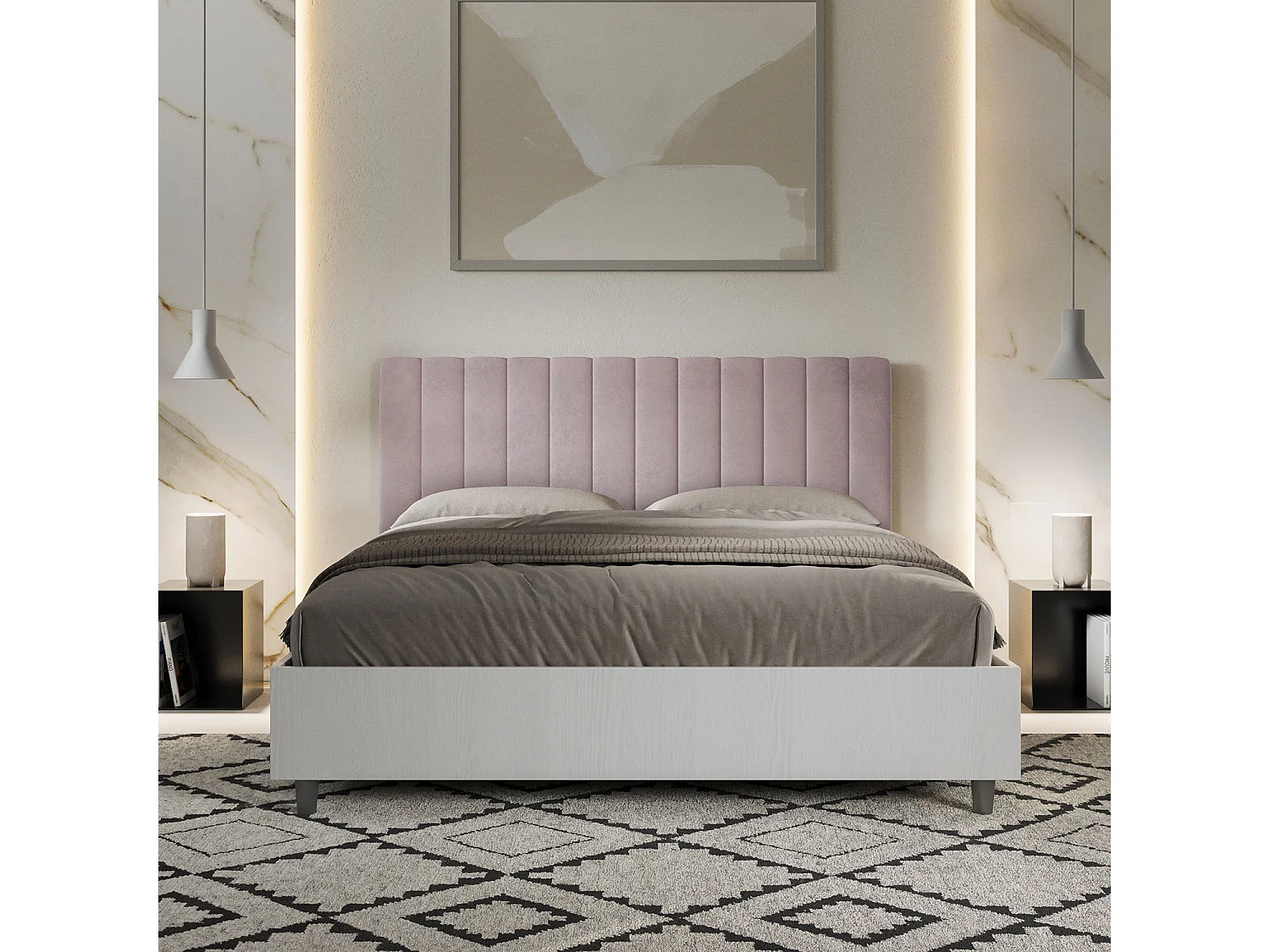 Lit sans sommier 160x190 structure frêne blanc tête de lit microfibre lilas Kaia