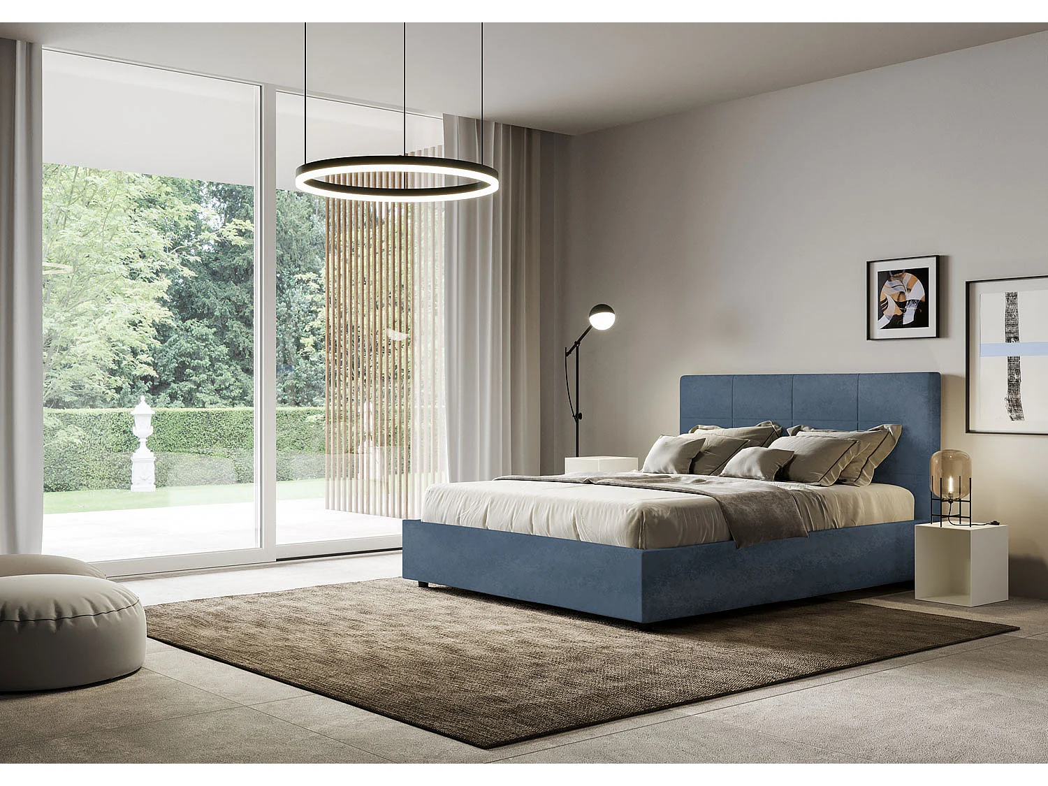 Lit double sans sommier rembourré 140x210 microfibre bleu Mika