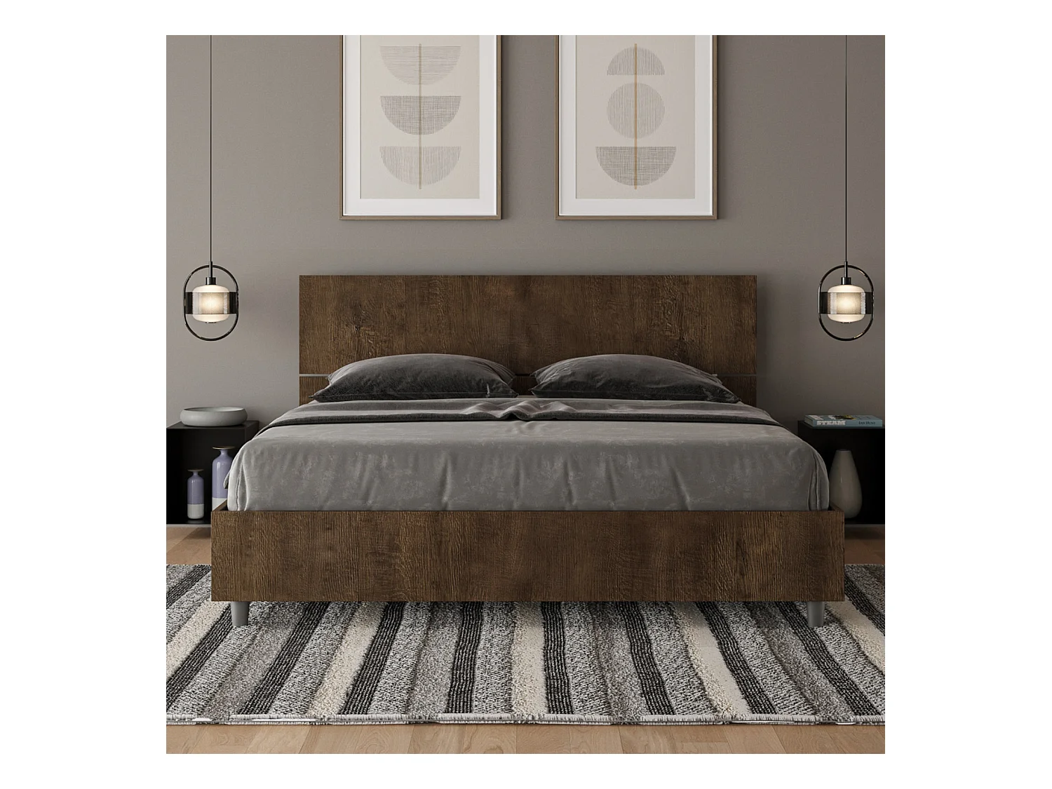 Bett mit Lattenrost 160x200, geneigtem Kopfteil aus Demas-Walnussholz