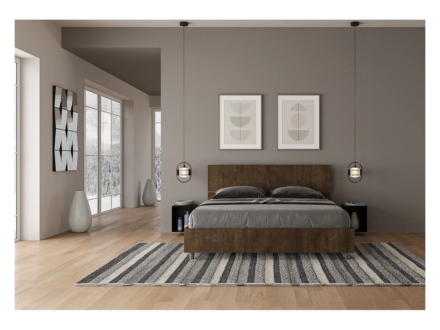 Bett mit Lattenrost 160x200, geneigtem Kopfteil aus Demas-Walnussholz