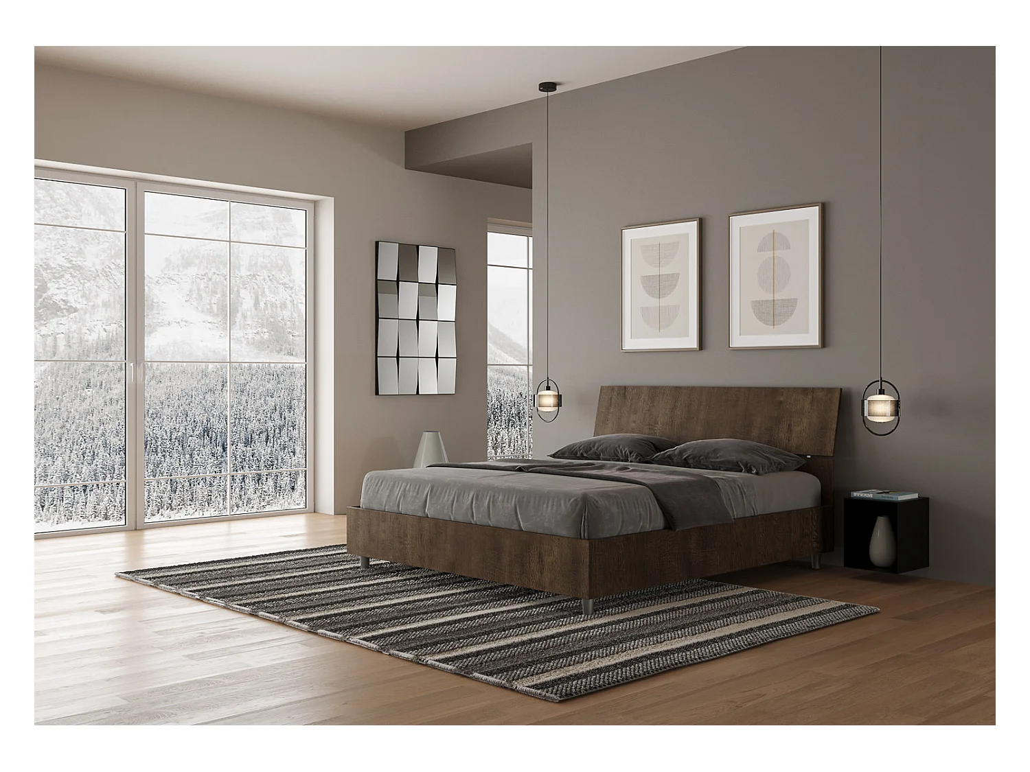 Bett mit Lattenrost 160x200, geneigtem Kopfteil aus Demas-Walnussholz