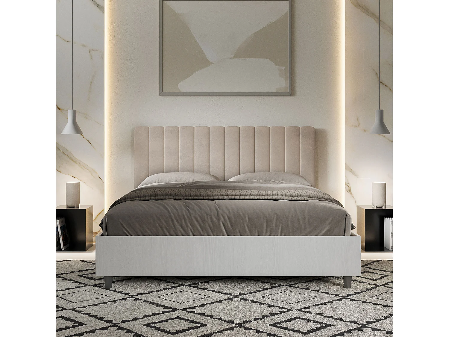Letto con rete 160x190 struttura bianco frassino testata Nobilitato/Microfibra sabbia Kaia