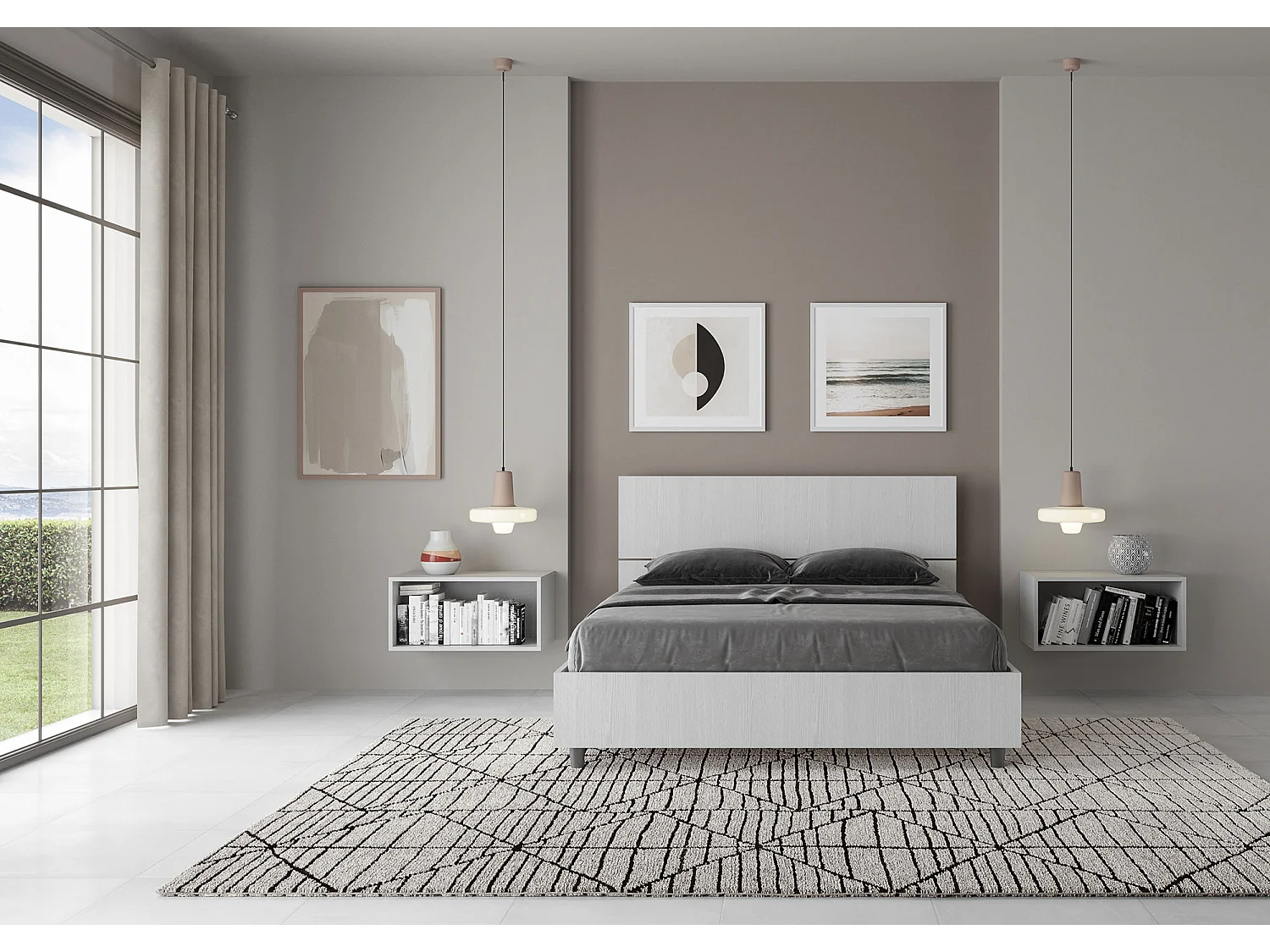 Lit double sans sommier 140x200 tête de lit inclinée frêne blanc Demas