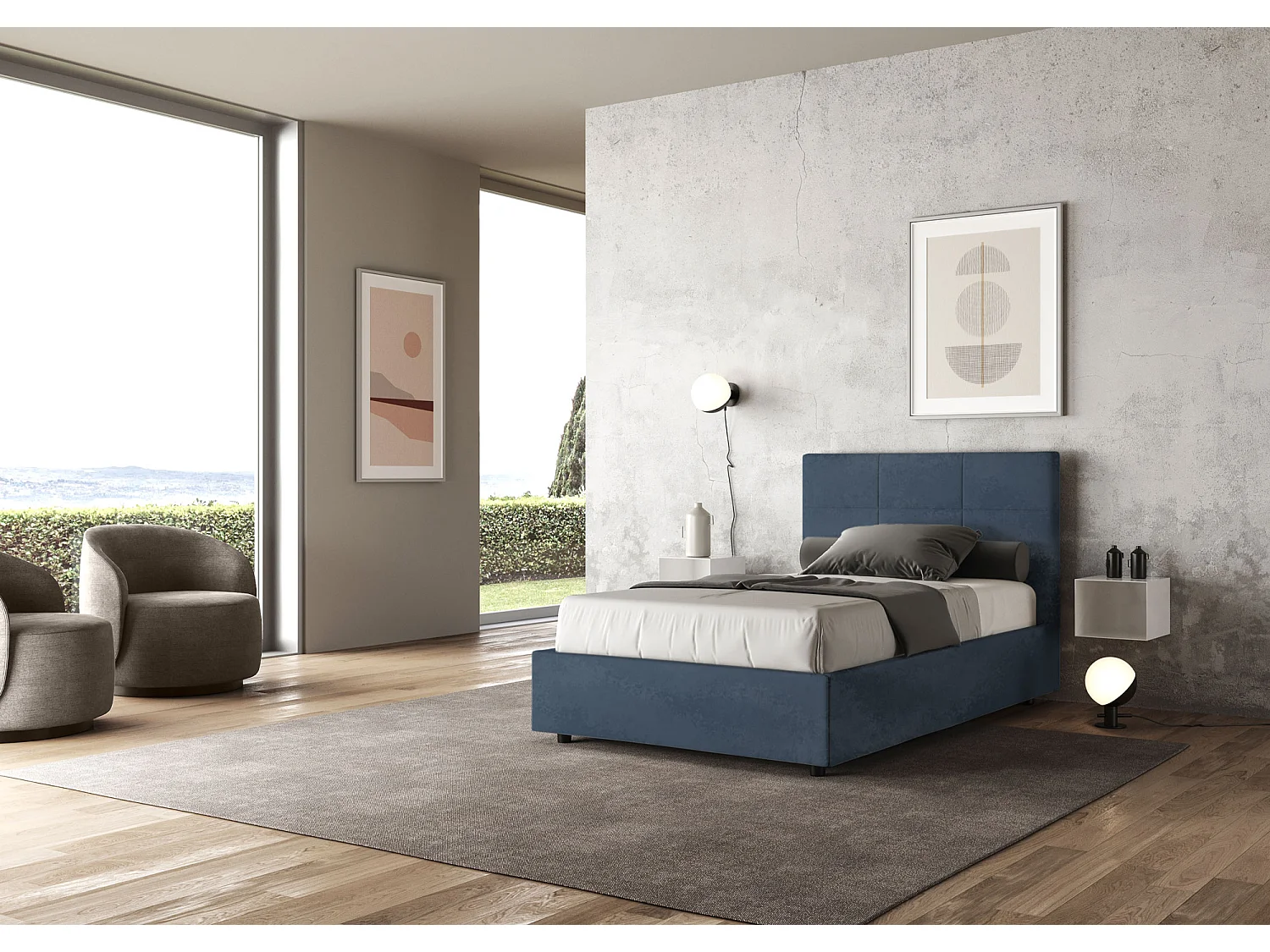 Letto senza rete imbottito 120x200 microfibra blu Mika