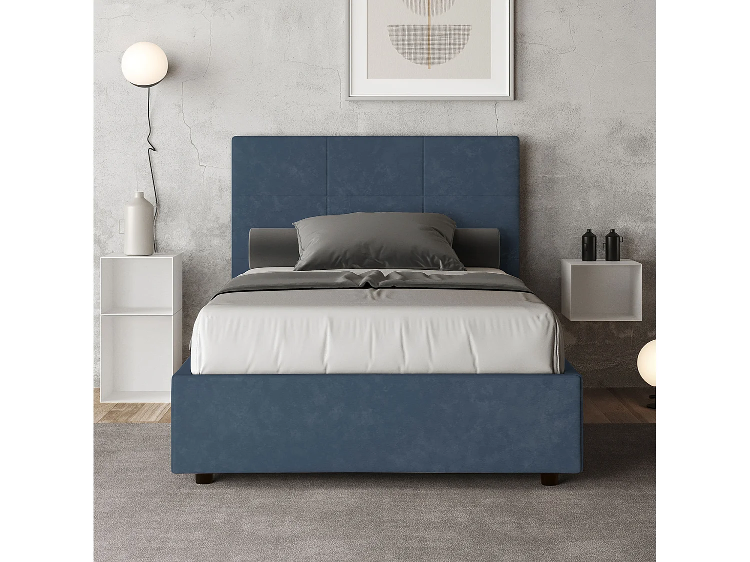 Lit 1 place et demi sans sommier rembourré 120x200 microfibre bleu Mika