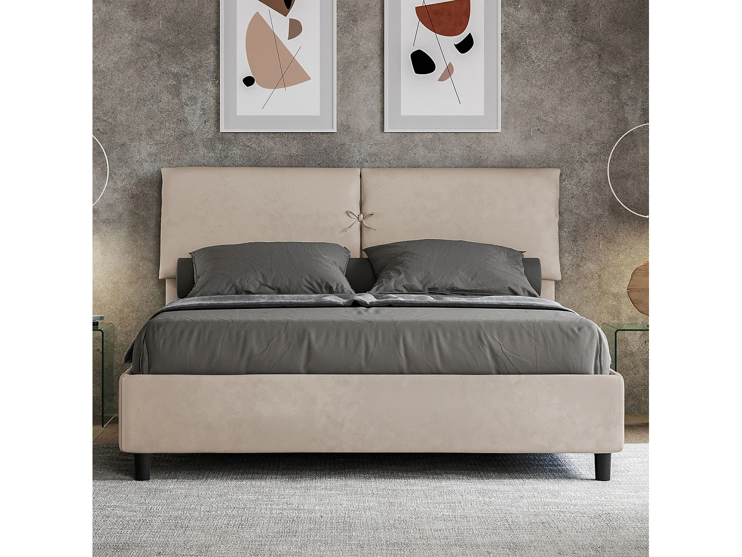 Lit avec sommier rembourré 160x190 microfibre sable Mados