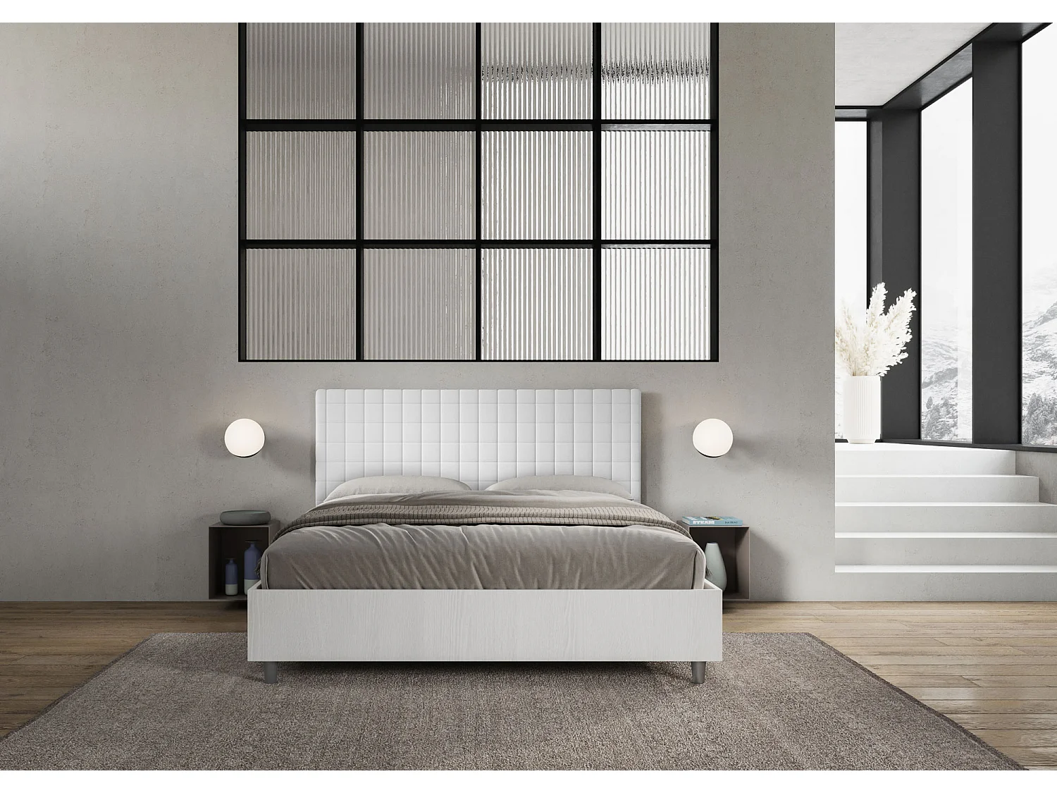 Lit sans sommier 160x200 structure frêne blanc tête de lit similicuir blanc Burmy