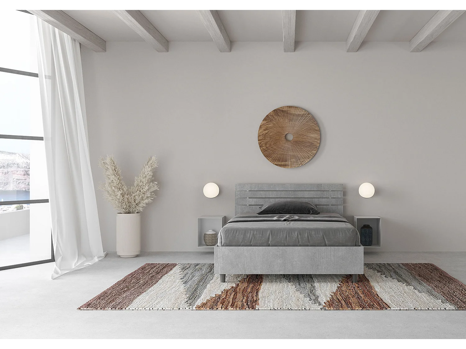 Lit 1 place et demi avec sommier 120x200 tête de lit droite avec des lames gris béton Ankel