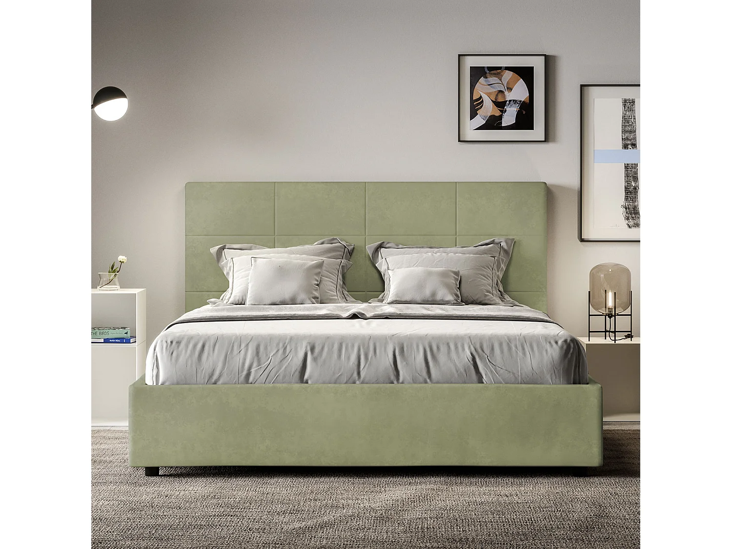 Lit sans sommier rembourré 160x190 microfibre vert Mika