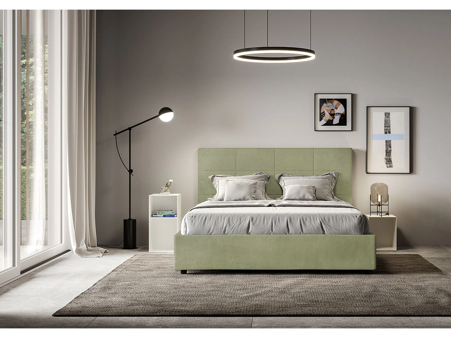Lit sans sommier rembourré 160x190 microfibre vert Mika