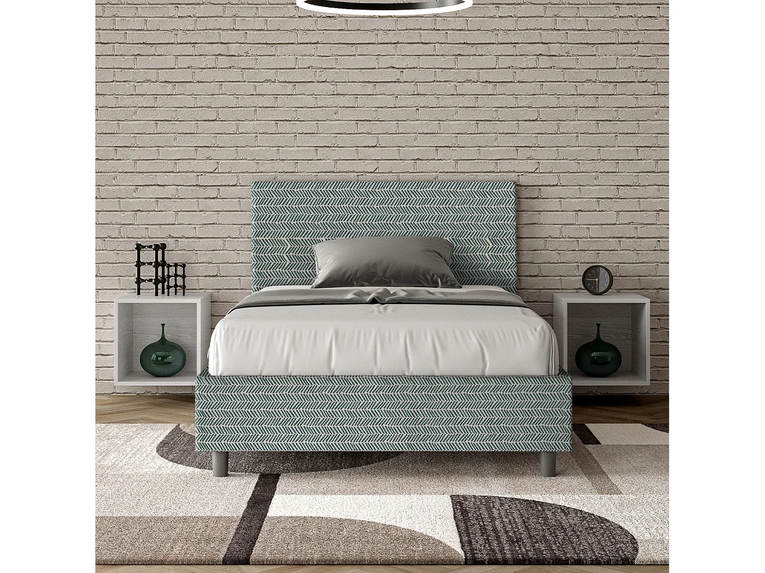 Lit 1 place et demi sans sommier rembourré 120x190 tissu Aragona 7 bleu clair Adele