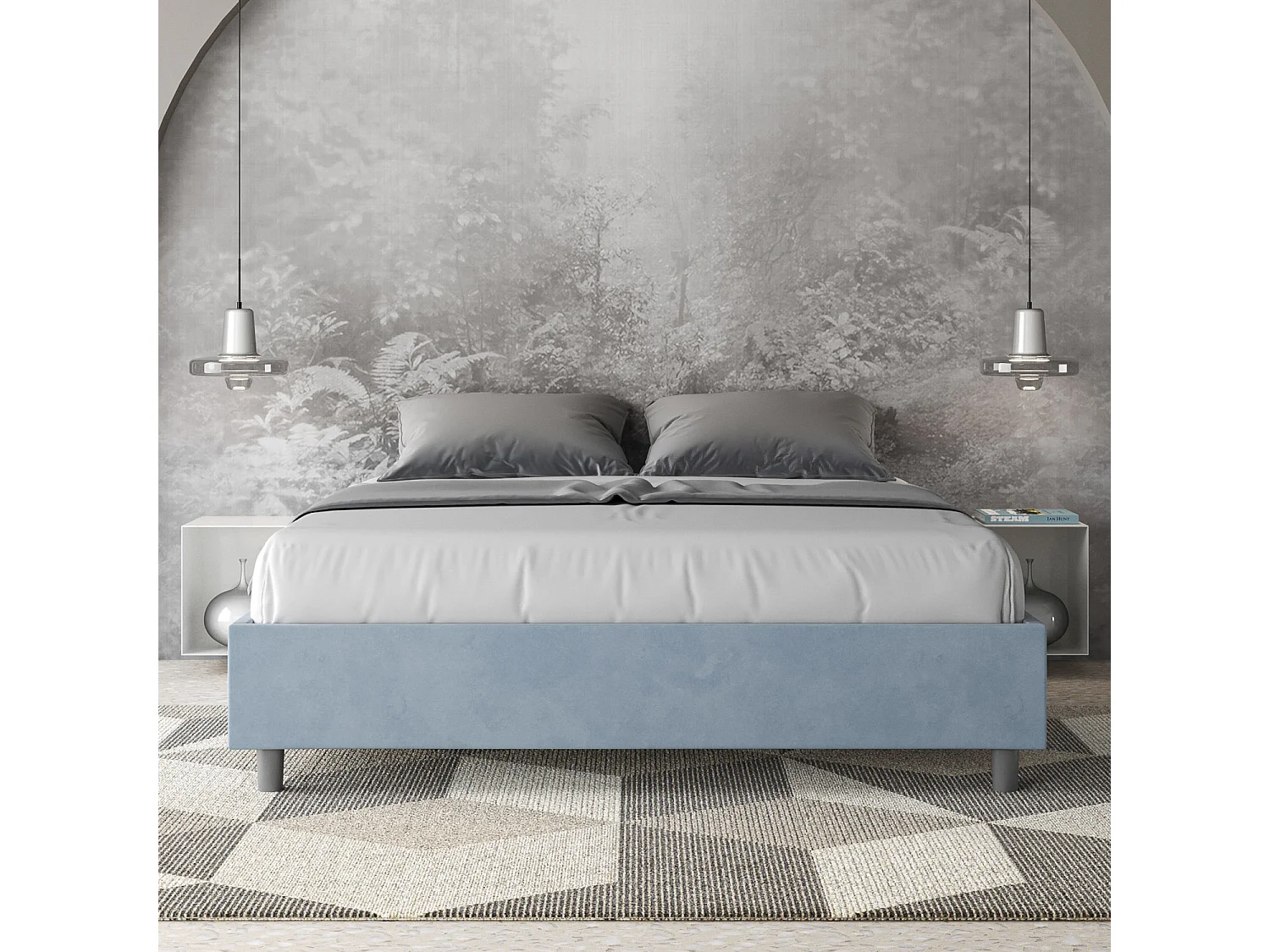 Letto Sommier con rete imbottito 160x210 microfibra azzurro Azelia