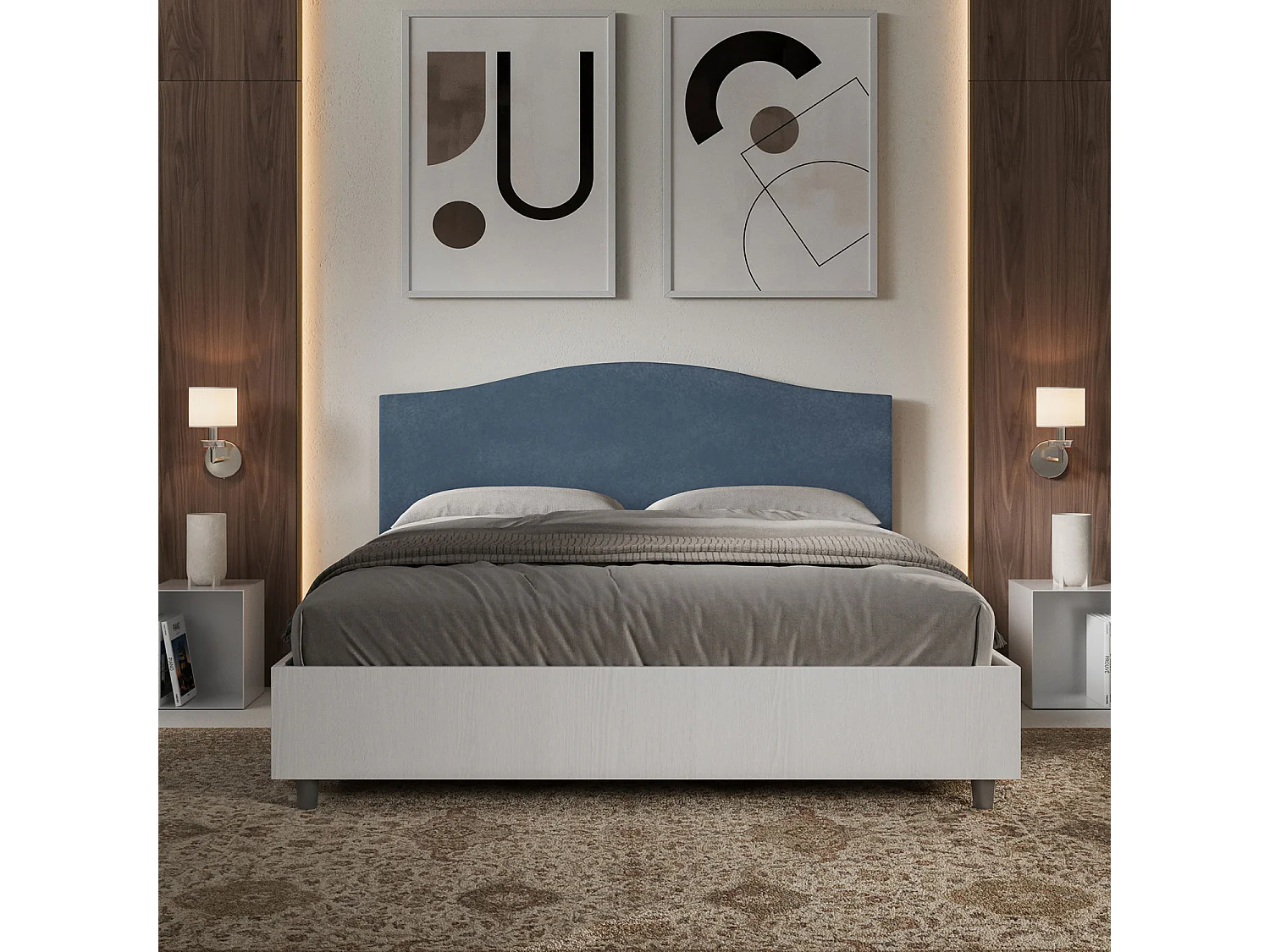 Lit sans sommier 160x190 structure frêne blanc tête de lit microfibre bleu Grace