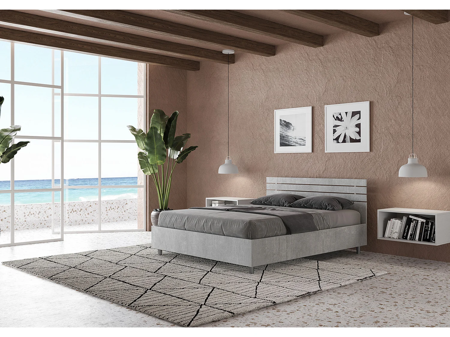 Lit double sans sommier 140x200 tête de lit droite avec des lames gris béton Ankel