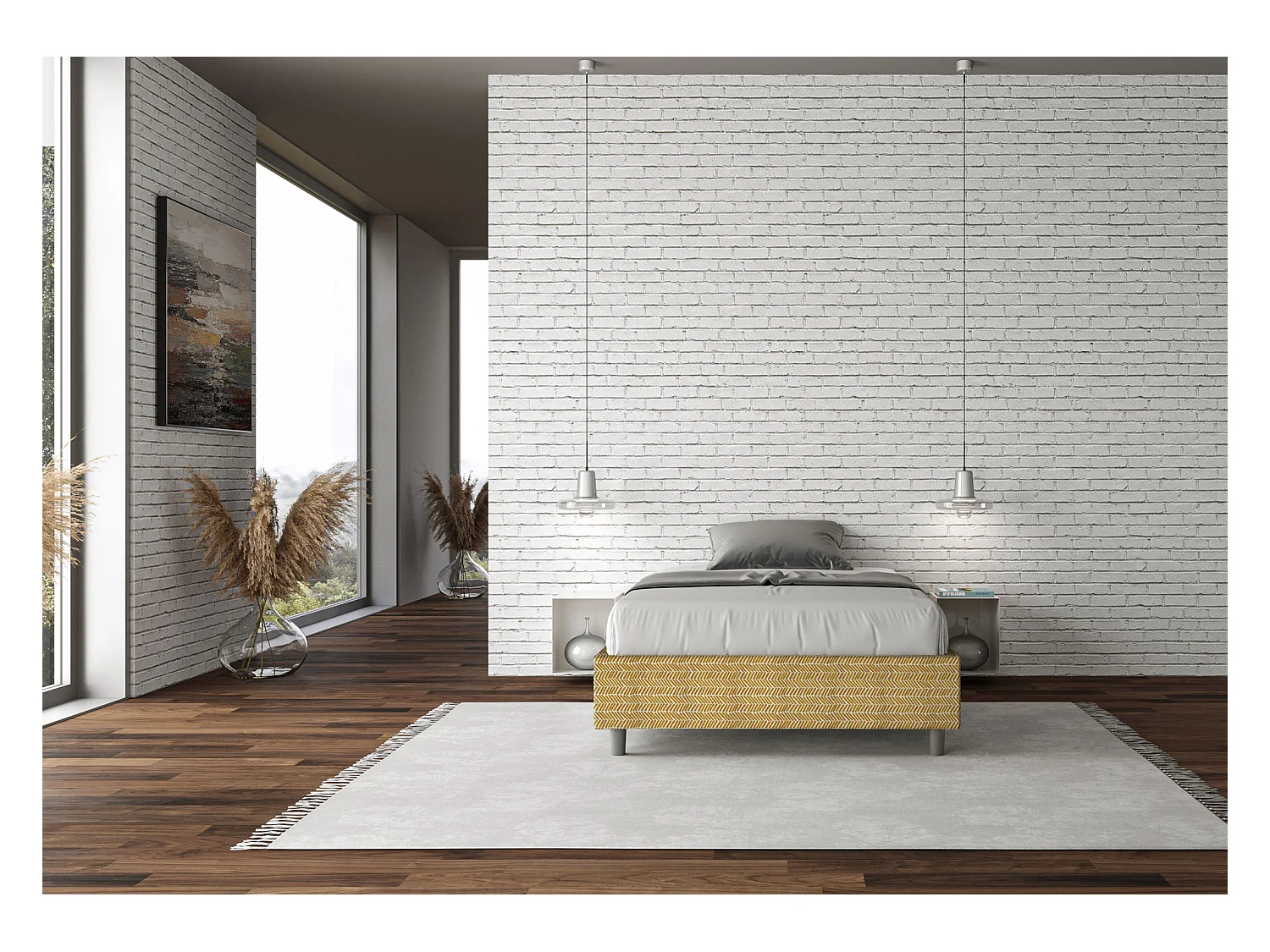 Cadre de lit 1 place et demi sans sommier rembourré 120x190 tissu Aragona 3 jaune Azelia