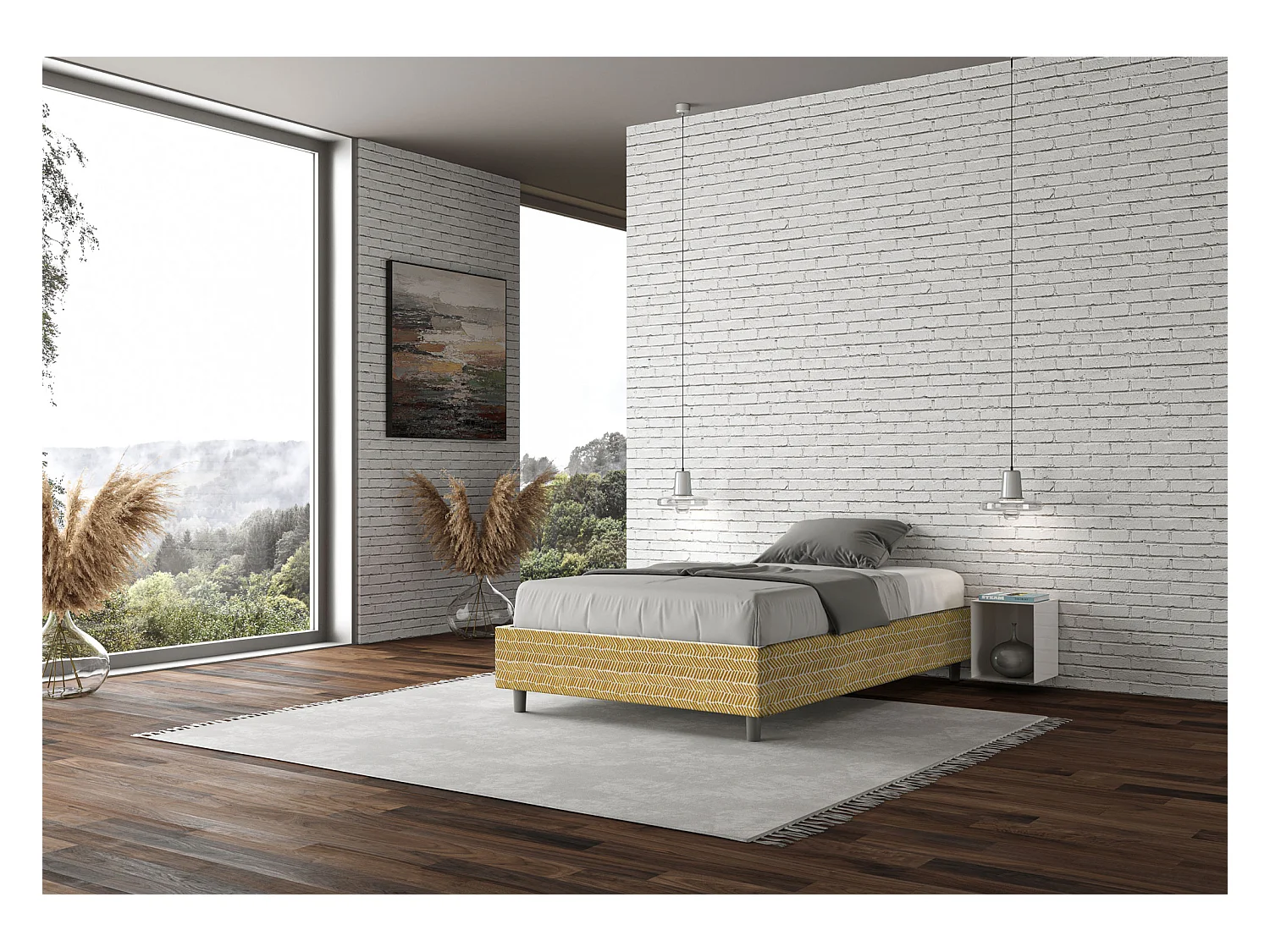 Cadre de lit 1 place et demi sans sommier rembourré 120x190 tissu Aragona 3 jaune Azelia