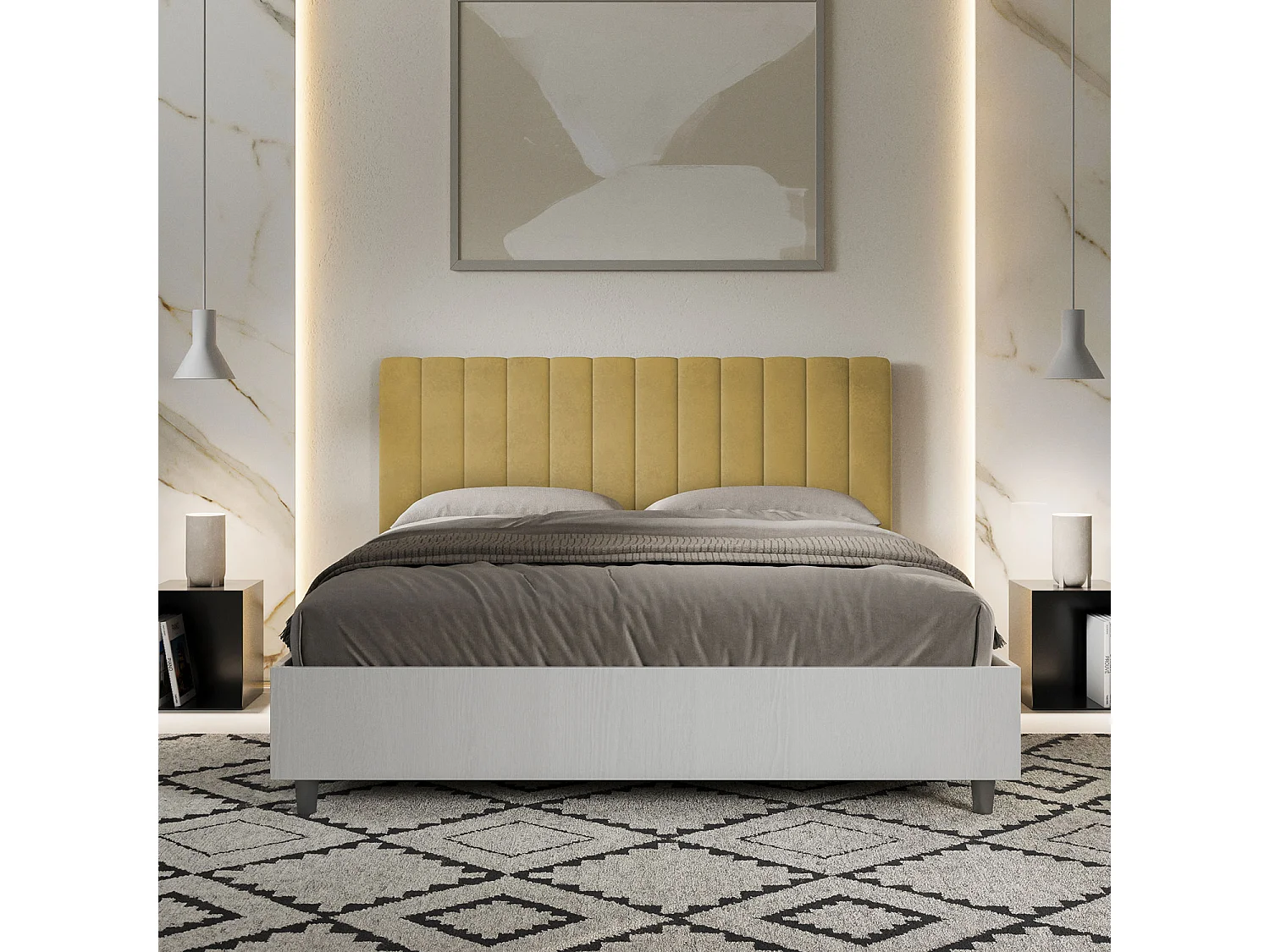Lit sans sommier 160x190 structure frêne blanc tête de lit microfibre ocre Kaia