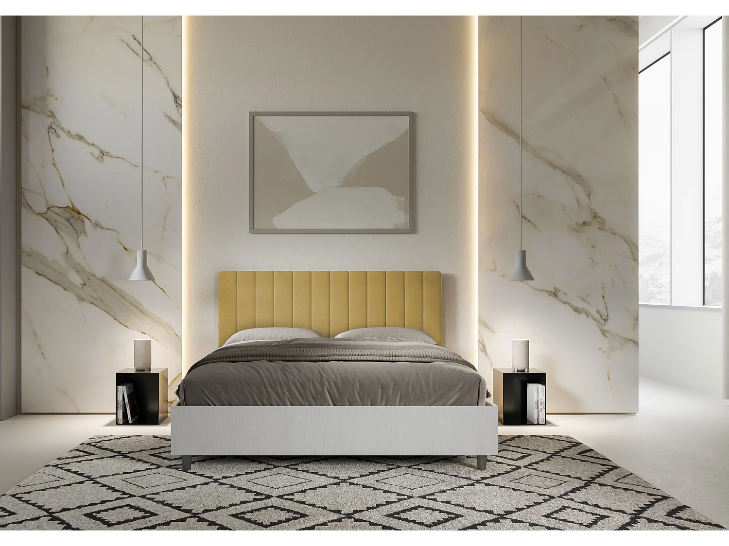Lit sans sommier 160x190 structure frêne blanc tête de lit microfibre ocre Kaia