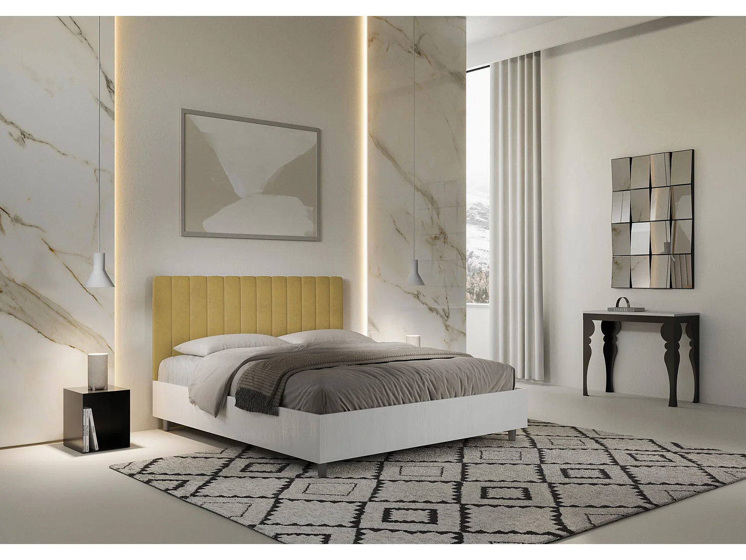 Lit sans sommier 160x190 structure frêne blanc tête de lit microfibre ocre Kaia