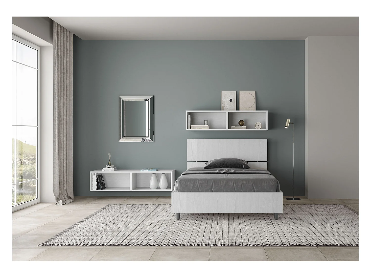 Lit 1 place et demi sans sommier 120x200 tête de lit inclinée frêne blanc Demas