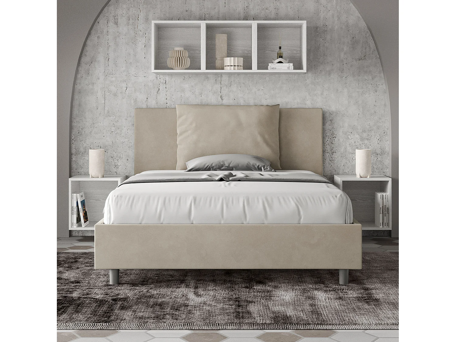 Cama de casal sem estrado estofada 140x190 microfibra areia Antea
