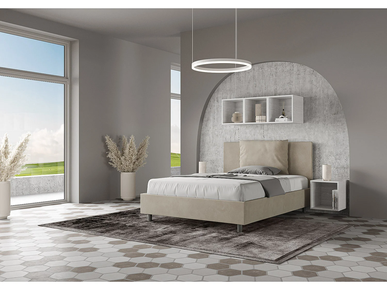 Cama de casal sem estrado estofada 140x190 microfibra areia Antea