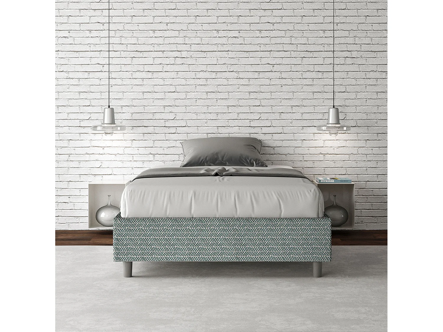 Cadre de lit 1 place et demi sans sommier rembourré 120x190 tissu Aragona 7 bleu clair Azelia