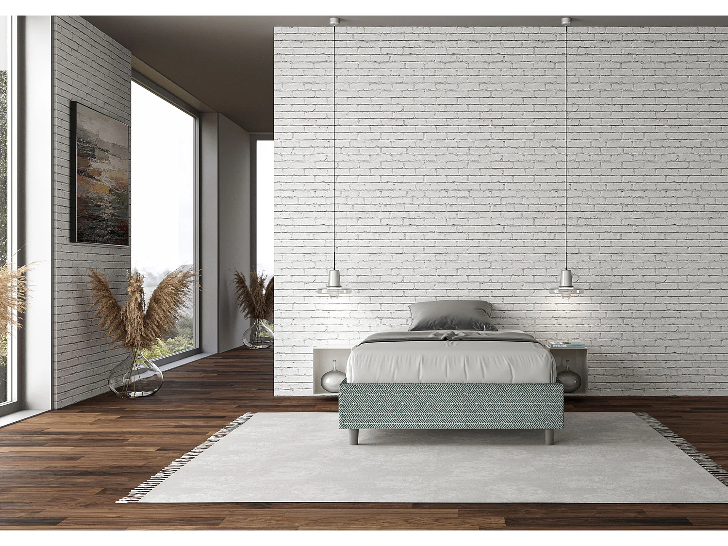 Cadre de lit 1 place et demi sans sommier rembourré 120x190 tissu Aragona 7 bleu clair Azelia