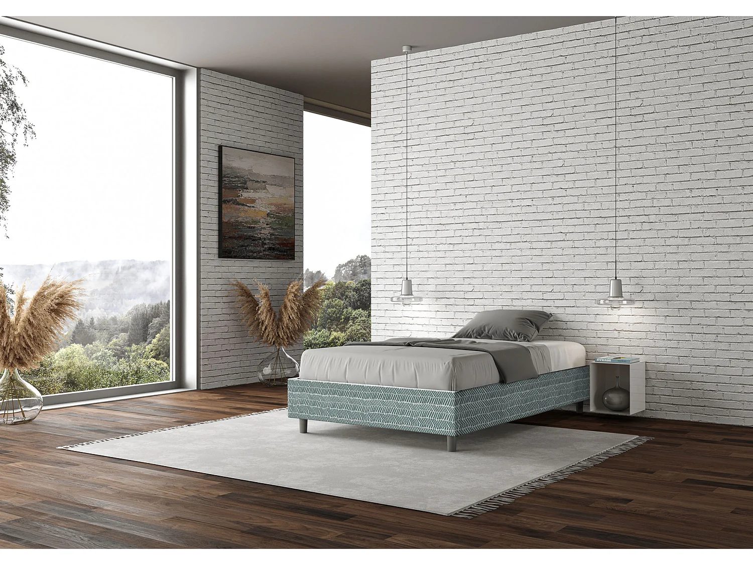 Cadre de lit 1 place et demi sans sommier rembourré 120x190 tissu Aragona 7 bleu clair Azelia