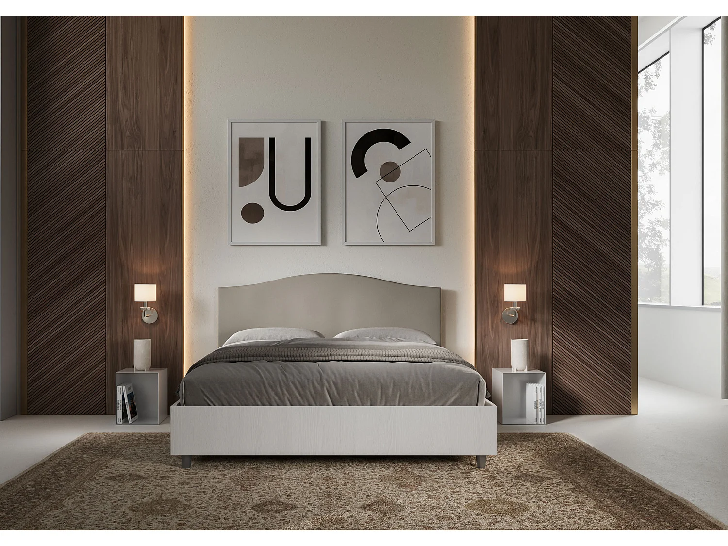 Cama con somier de 160x190, estructura de fresno blanco, cabecero de melamina/símil piel gris tórtola Grace