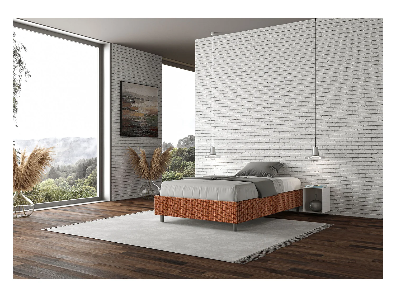 Sommier-Bett ohne gepolsterte Basis 120x190 Labirinto 04 orangefarbener Azelia-Stoff