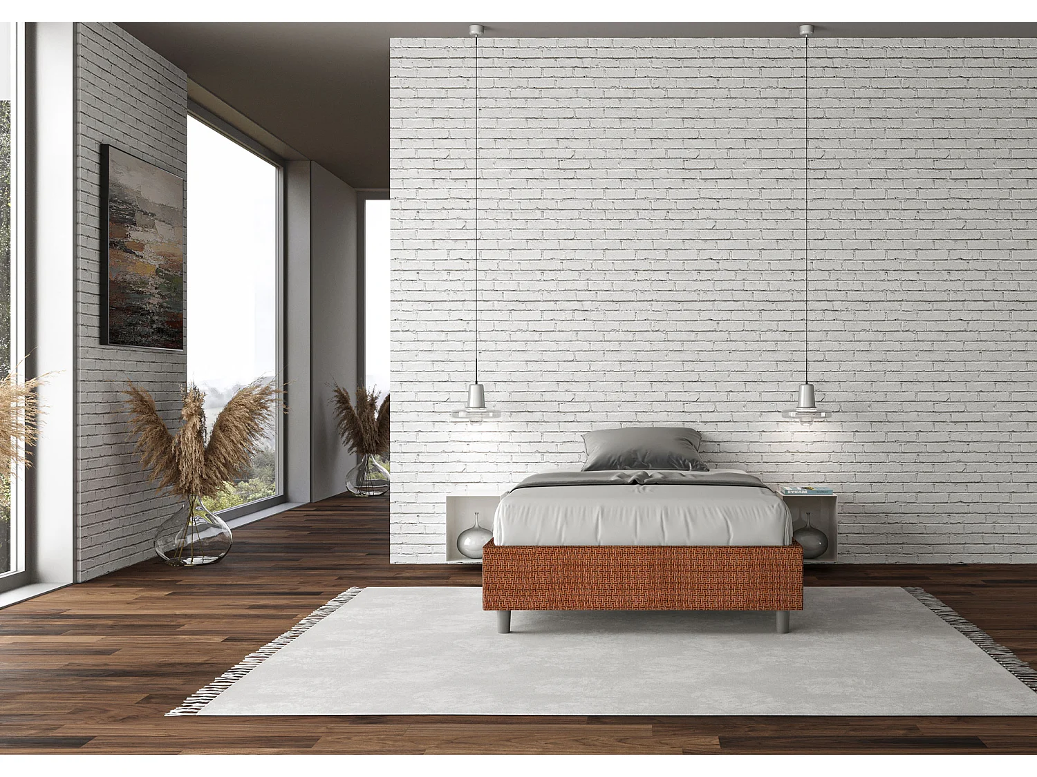 Cadre de lit 1 place et demi sans sommier rembourré 120x190 tissu Labirinto 4 orange Azelia
