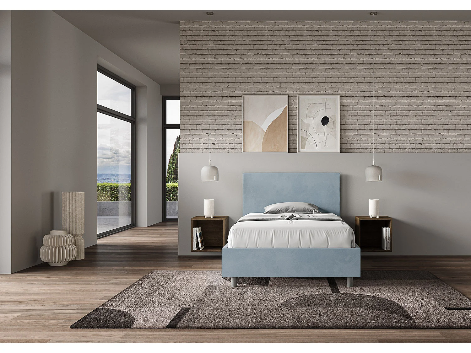 Letto una piazza e mezza senza rete imbottito 120x190 microfibra azzurro Adele