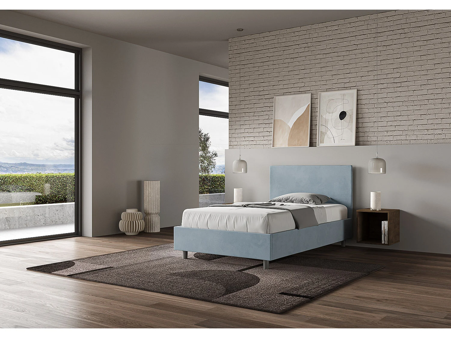 Letto una piazza e mezza senza rete imbottito 120x190 microfibra azzurro Adele